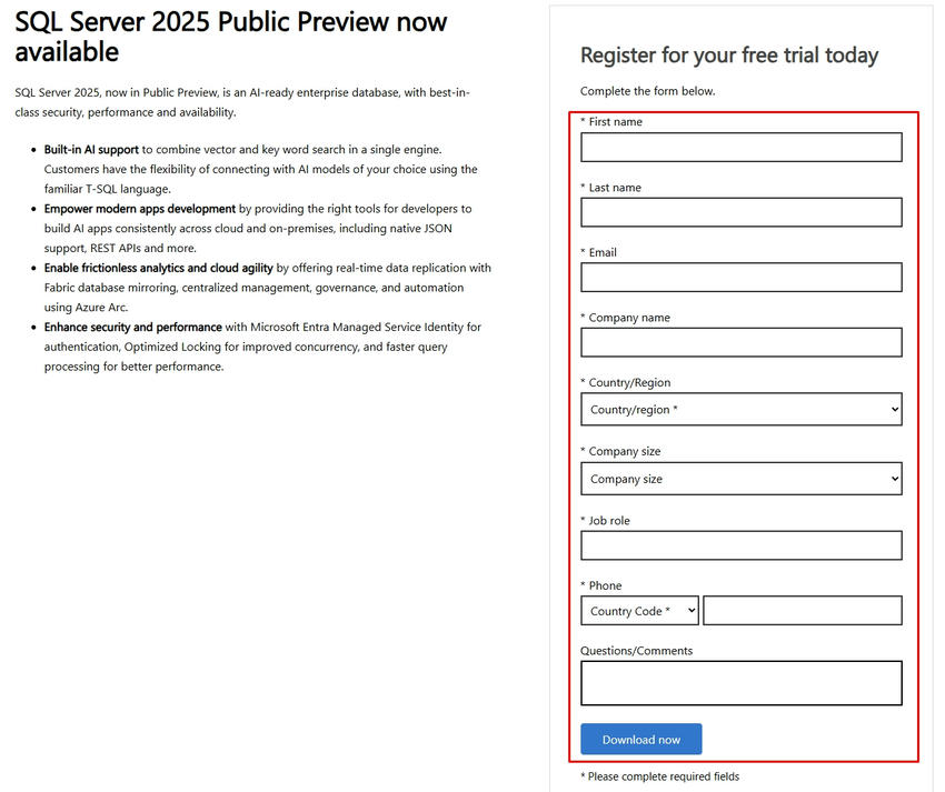 SQL Server form to download SQL Server 2025